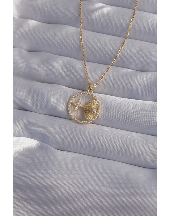 ® 316L Çelik Zincir Gold Renk Zirkon Taşlı Yıldız Figürlü Oval Kolye