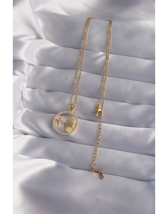 ® 316L Çelik Zincir Gold Renk Zirkon Taşlı Yıldız Figürlü Oval Kolye