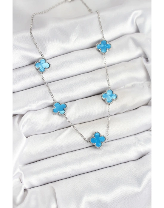 ® 316L Çelik Zincir Gümüş Buz Mavisi Renk Yonca Kadın Kolye