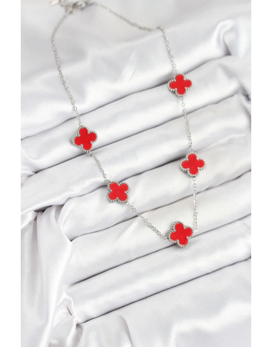 ® 316L Çelik Zincir Gümüş Kırmızı Renk Yonca Kadın Kolye