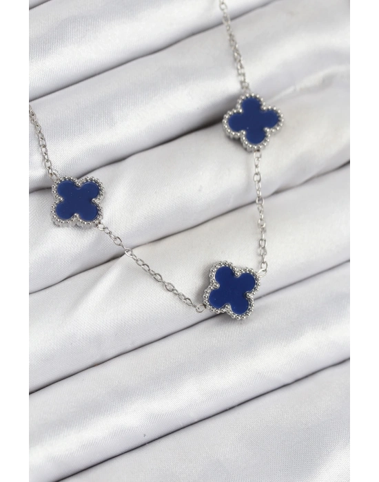 ® 316L Çelik Zincir Gümüş Lacivert Renk Yonca Kadın Kolye