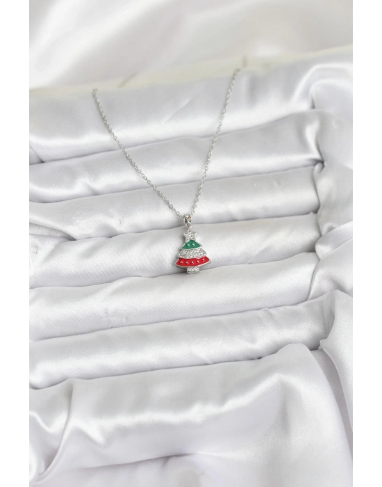 ® 316L Çelik Zincir Gümüş Ren Çam Ağacı Model Zirkon Taşlı Yılbaşı Temalı Kadın Kolye