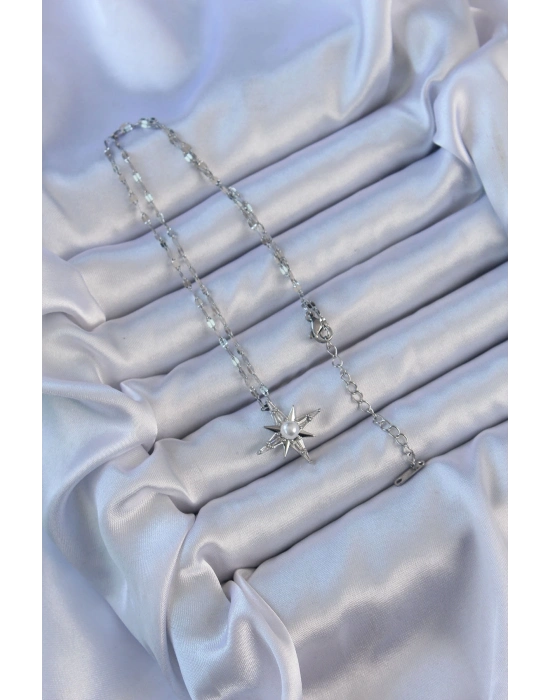 ® 316L Çelik Zincir Gümüş Renk Baget Taşlı İnci Detay Kutup Yıldızı Kolye
