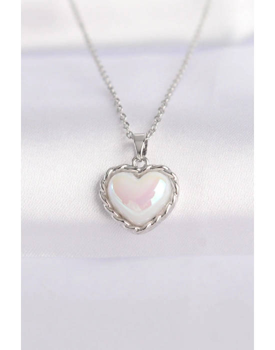 ® 316L Çelik Zincir Gümüş Renk Beyaz Taşlı Bombeli Kalp Kolye