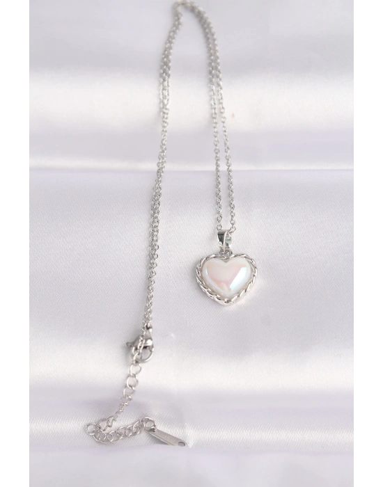 ® 316L Çelik Zincir Gümüş Renk Beyaz Taşlı Bombeli Kalp Kolye