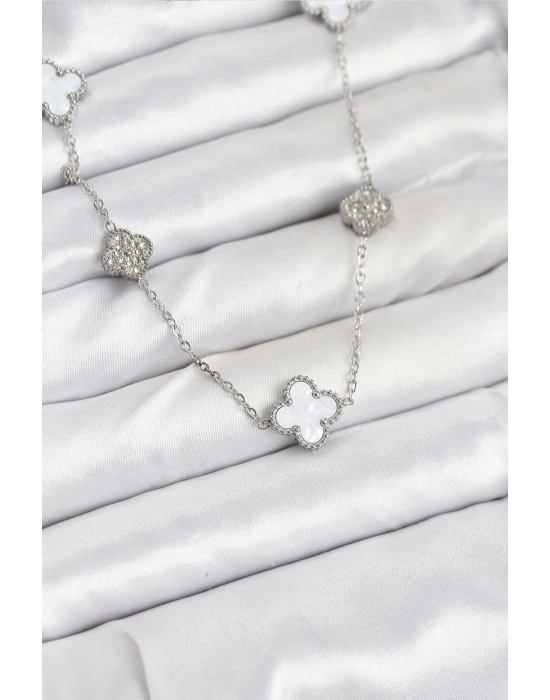 ® 316L Çelik Zincir Gümüş Renk Beyaz ve Zirkon Taşlı Yonca Kadın Kolye