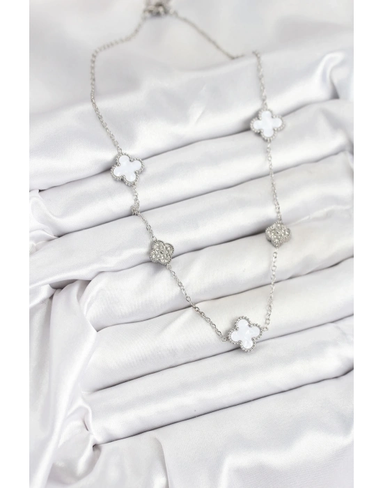 ® 316L Çelik Zincir Gümüş Renk Beyaz ve Zirkon Taşlı Yonca Kadın Kolye