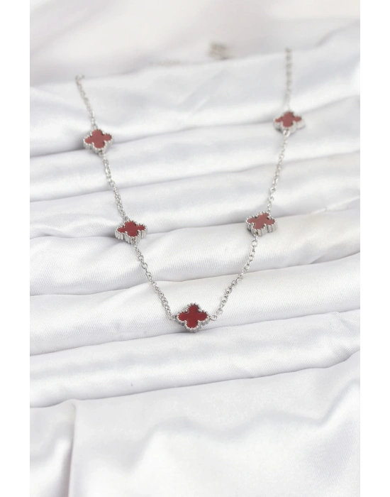 ® 316L Çelik Zincir Gümüş Renk Bordo Baby Boy Yonca Kadın Kolye