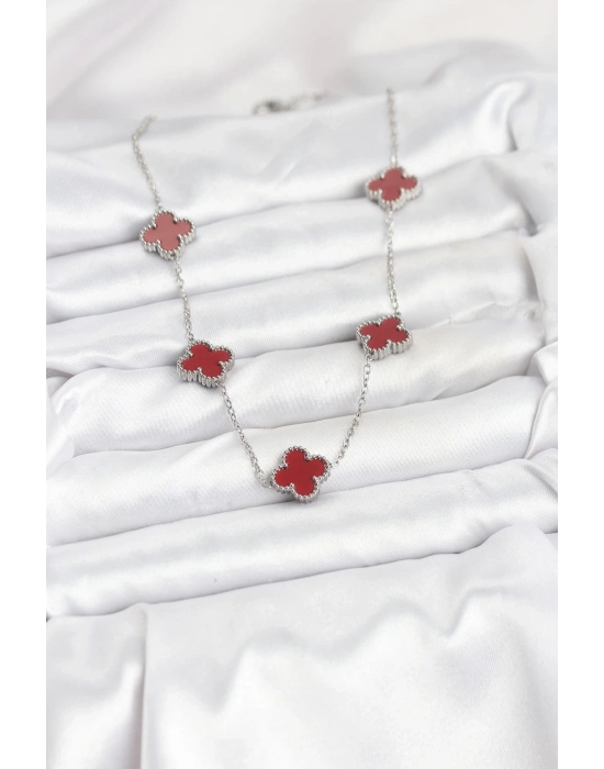 ® 316L Çelik Zincir Gümüş Renk Bordo Renk Yonca Kadın Kolye