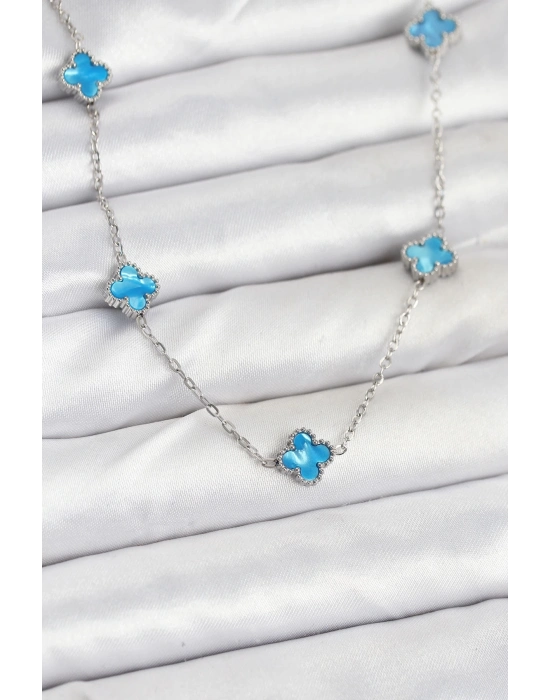 ® 316L Çelik Zincir Gümüş Renk Buz Mavisi Baby Boy Yonca Kadın Kolye