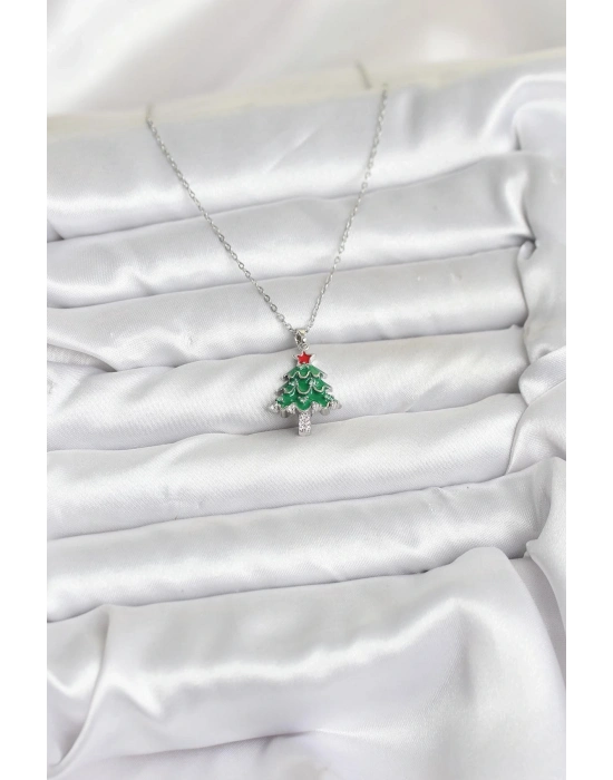 ® 316L Çelik Zincir Gümüş Renk Çam Ağacı Model Yılbaşı Temalı Kadın Kolye