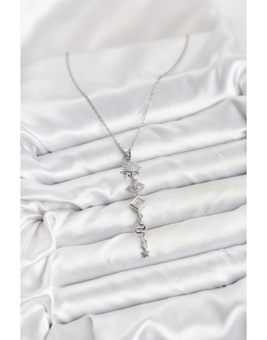 ® 316L Çelik Zincir Gümüş Renk Güneş ve Enerji Model Kadın Y Kolye