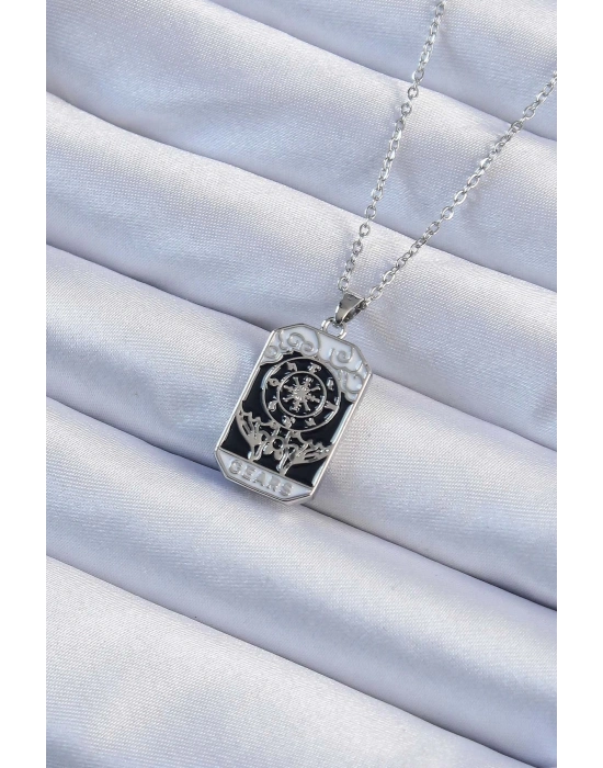 ® 316L Çelik Zincir Gümüş Renk İşlemeli Siyah Mineli Tarot Kolye
