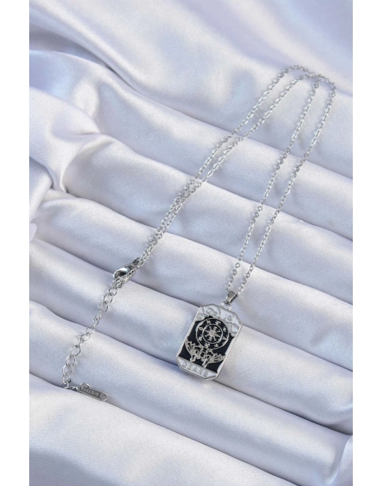 ® 316L Çelik Zincir Gümüş Renk İşlemeli Siyah Mineli Tarot Kolye
