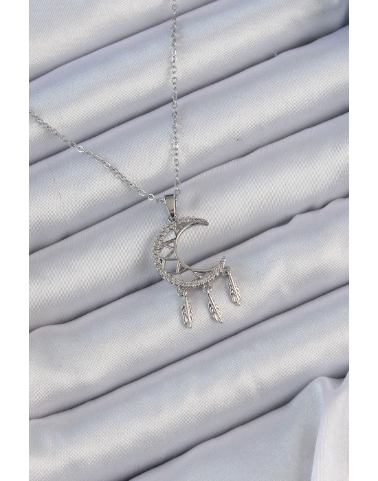 ® 316L Çelik Zincir Gümüş Renk İşlemeli Zirkon Taşlı Ay Kolye