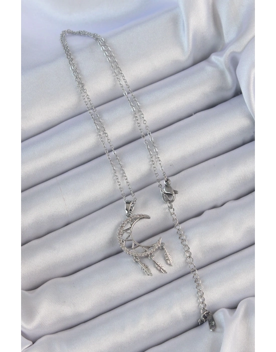 ® 316L Çelik Zincir Gümüş Renk İşlemeli Zirkon Taşlı Ay Kolye