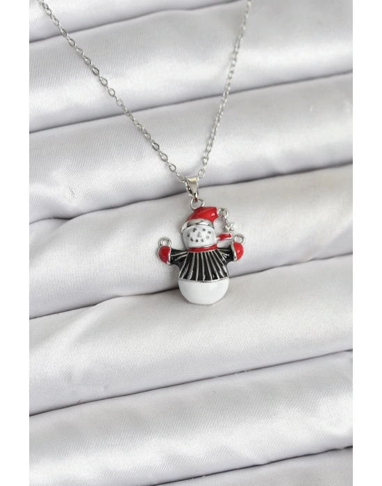 ® 316L Çelik Zincir Gümüş Renk Kardan Adam Figürlü Yılbaşı Temalı Kadın Kolye