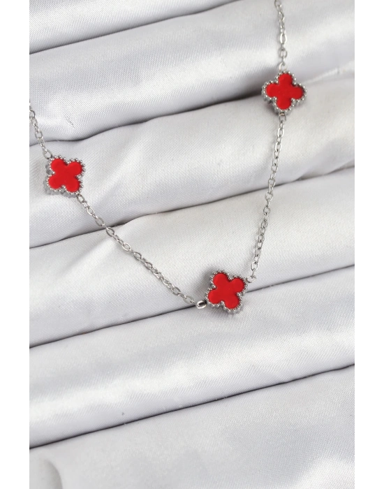 ® 316L Çelik Zincir Gümüş Renk Kırmızı Baby Boy Yonca Kadın Kolye