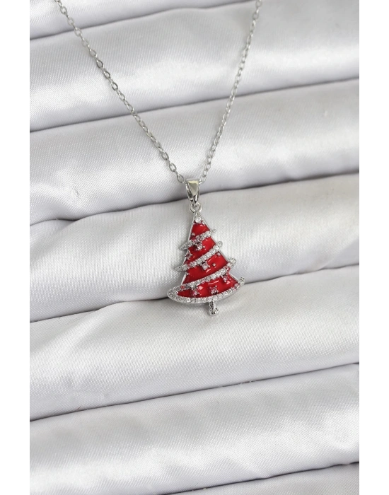 ® 316L Çelik Zincir Gümüş Renk Kırmızı Çam Ağacı Model Yılbaşı Temalı Kadın Kolye