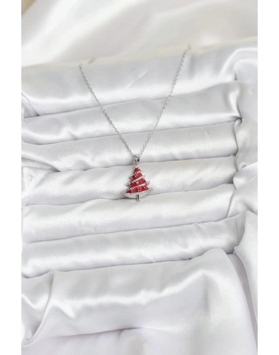 ® 316L Çelik Zincir Gümüş Renk Kırmızı Çam Ağacı Model Yılbaşı Temalı Kadın Kolye