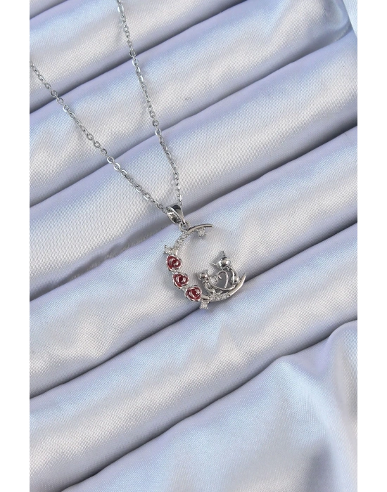 ® 316L Çelik Zincir Gümüş Renk Kırmızı Gül Detay Kedi Figür Zirkon Taşlı Ay Kolye