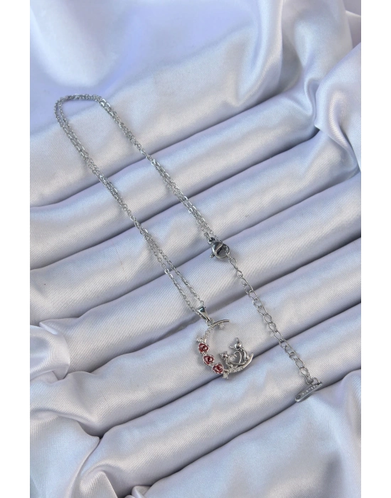 ® 316L Çelik Zincir Gümüş Renk Kırmızı Gül Detay Kedi Figür Zirkon Taşlı Ay Kolye