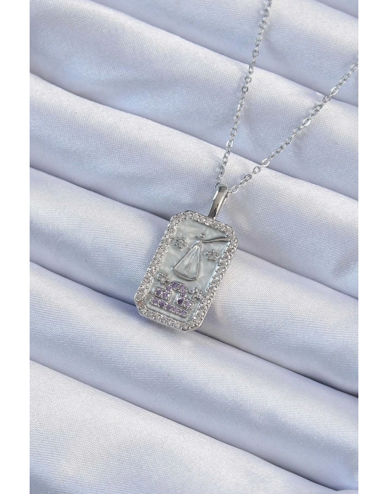 ® 316L Çelik Zincir Gümüş Renk Lila Zirkon Taşlı Tarot Kolye