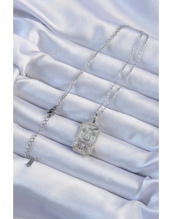 ® 316L Çelik Zincir Gümüş Renk Lila Zirkon Taşlı Tarot Kolye