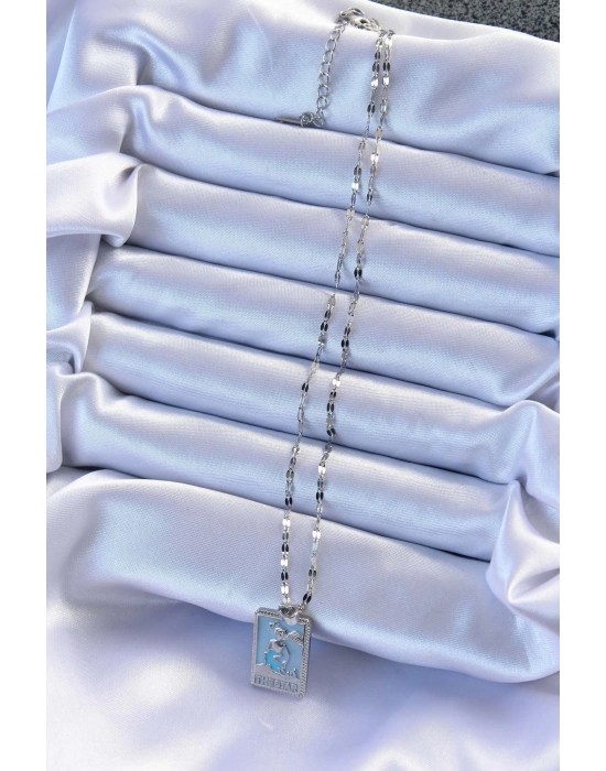 ® 316L Çelik Zincir Gümüş Renk Mavi Mineli Tarot Kolye
