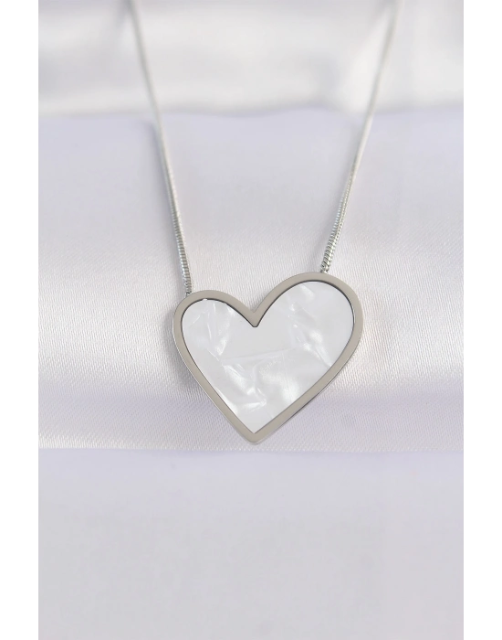 ® 316L Çelik Zincir Gümüş Renk Mermer Desenli Kalp Kolye