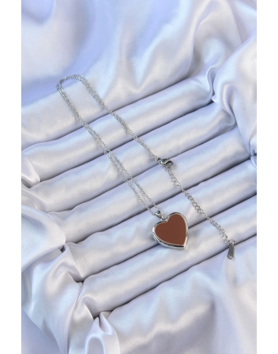 ® 316L Çelik Zincir Gümüş Renk Mineli İçi Açılan Kalp Kolye