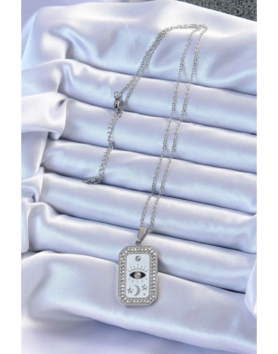 ® 316L Çelik Zincir Gümüş Renk Mineli Zirkon Taşlı Göz Figür Tarot Kolye
