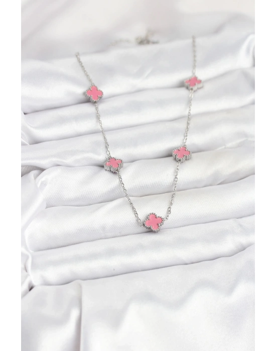® 316L Çelik Zincir Gümüş Renk Pembe Baby Boy Yonca Kadın Kolye