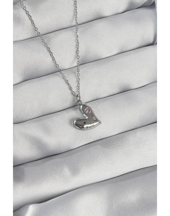 ® 316L Çelik Zincir Gümüş Renk Renkli Zirkon Taşlı Kalp Kolye