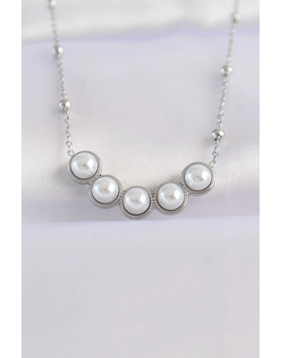 ® 316L Çelik Zincir Gümüş Renk Sıralı İnci Taşlı Kolye