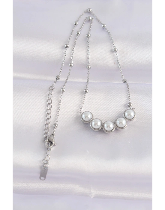 ® 316L Çelik Zincir Gümüş Renk Sıralı İnci Taşlı Kolye