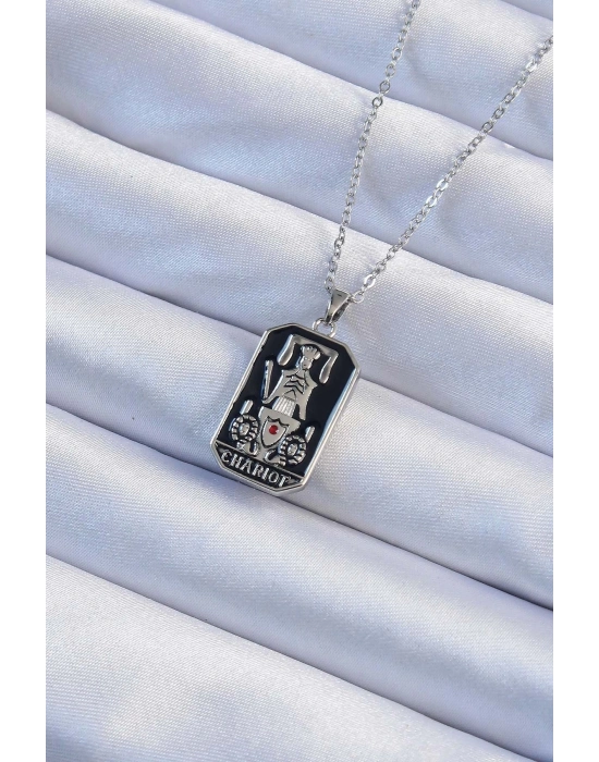® 316L Çelik Zincir Gümüş Renk Siyah Mineli Tarot Kolye