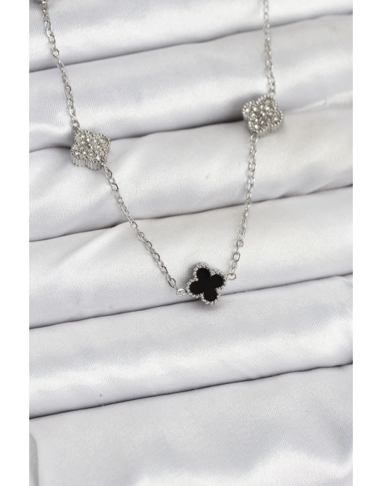 ® 316L Çelik Zincir Gümüş Renk Siyah ve Zirkon Taşlı Baby Boy Yonca Kadın Kolye