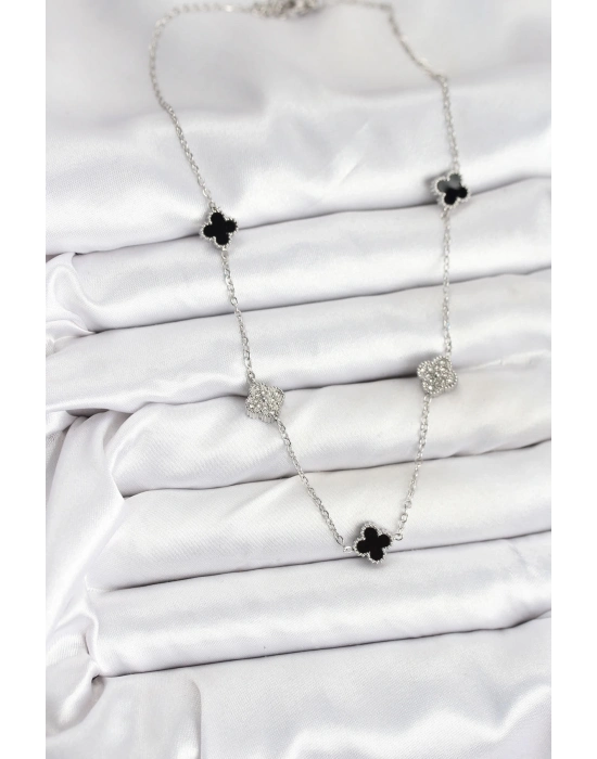 ® 316L Çelik Zincir Gümüş Renk Siyah ve Zirkon Taşlı Baby Boy Yonca Kadın Kolye