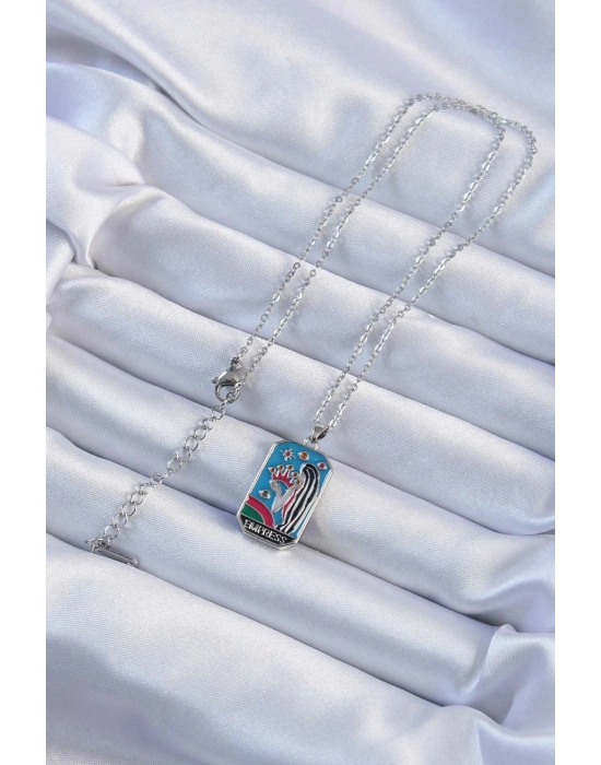 ® 316L Çelik Zincir Gümüş Renk Taç ve Kız Figürlü Renkli Mineli Tarot Kolye