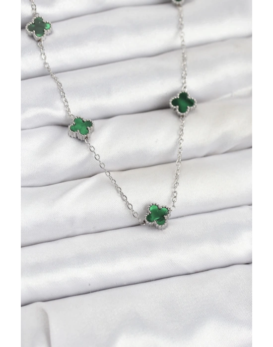 ® 316L Çelik Zincir Gümüş Renk Yeşil Baby Boy Yonca Kadın Kolye