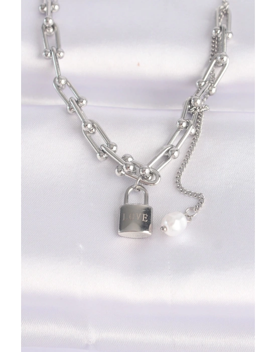 ® 316L Çelik Zincir Gümüş Renk Zincirli Love Yazılı Kilit Kolye
