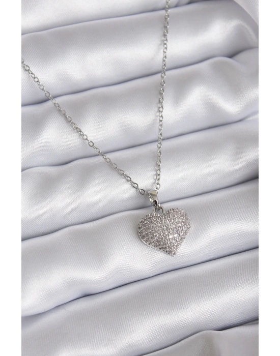 ® 316L Çelik Zincir Gümüş Renk Zirkon Taş Detay Kalp Model Kadın Kolye
