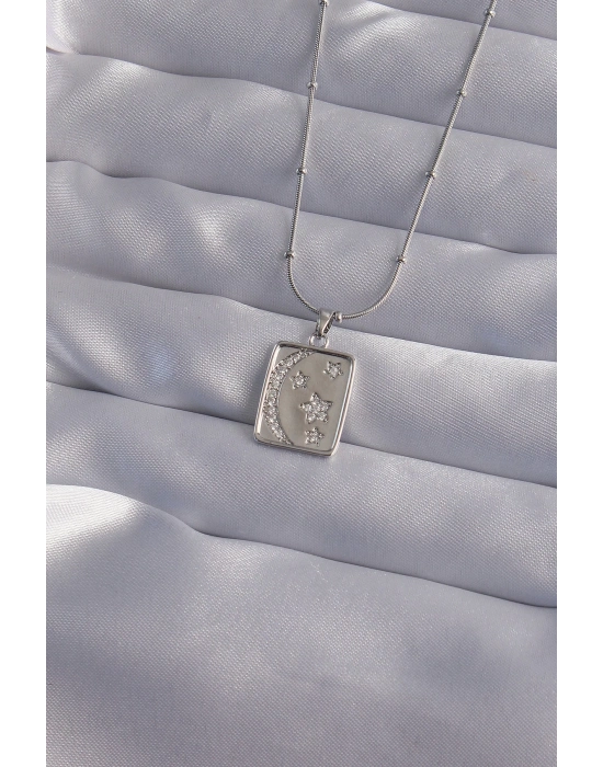 ® 316L Çelik Zincir Gümüş Renk Zirkon Taşlı Ay Yıldız Figürlü Tarot Kolye