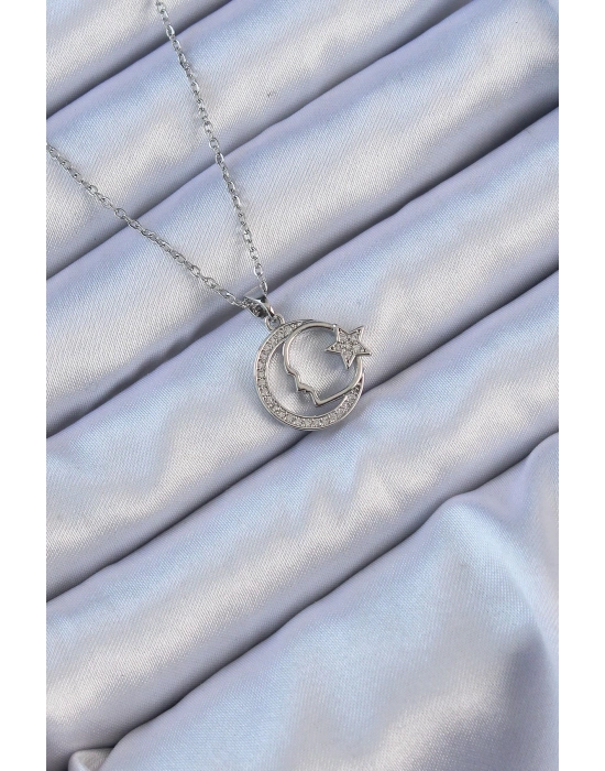 ® 316L Çelik Zincir Gümüş Renk Zirkon Taşlı Ay Yıldız Simgeli Atatürk Kolye