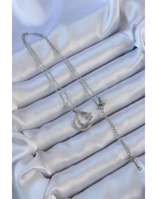 ® 316L Çelik Zincir Gümüş Renk Zirkon Taşlı Ay Yıldız Simgeli Atatürk Kolye