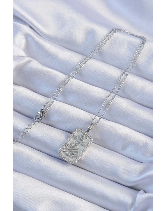 ® 316L Çelik Zincir Gümüş Renk Zirkon Taşlı Çerçeveli Tarot Kolye