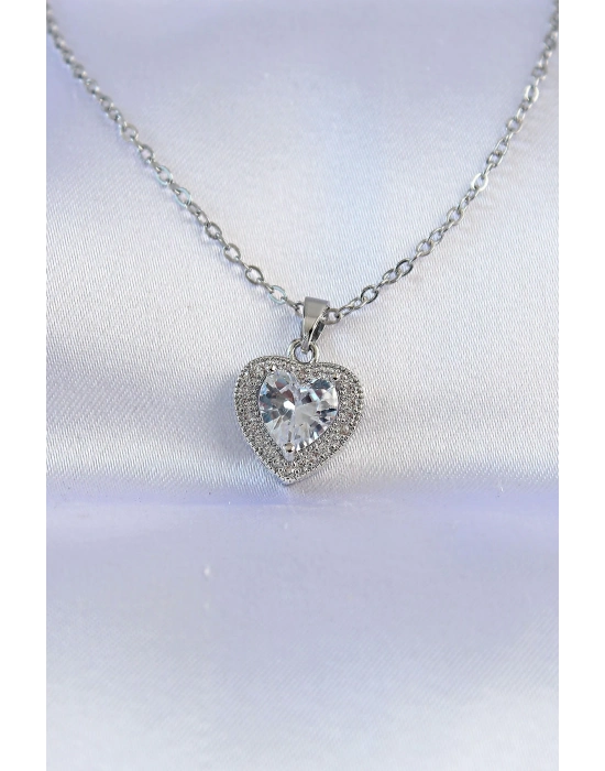 ® 316L Çelik Zincir Gümüş Renk Zirkon Taşlı Charm Kalp Kolye