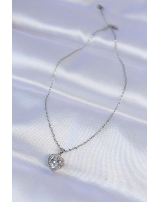 ® 316L Çelik Zincir Gümüş Renk Zirkon Taşlı Charm Kalp Kolye