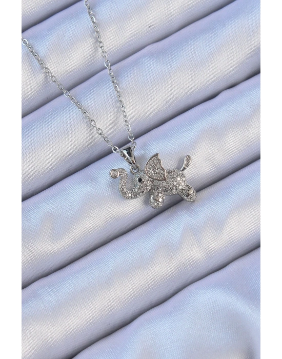 ® 316L Çelik Zincir Gümüş Renk Zirkon Taşlı Fil Kolye